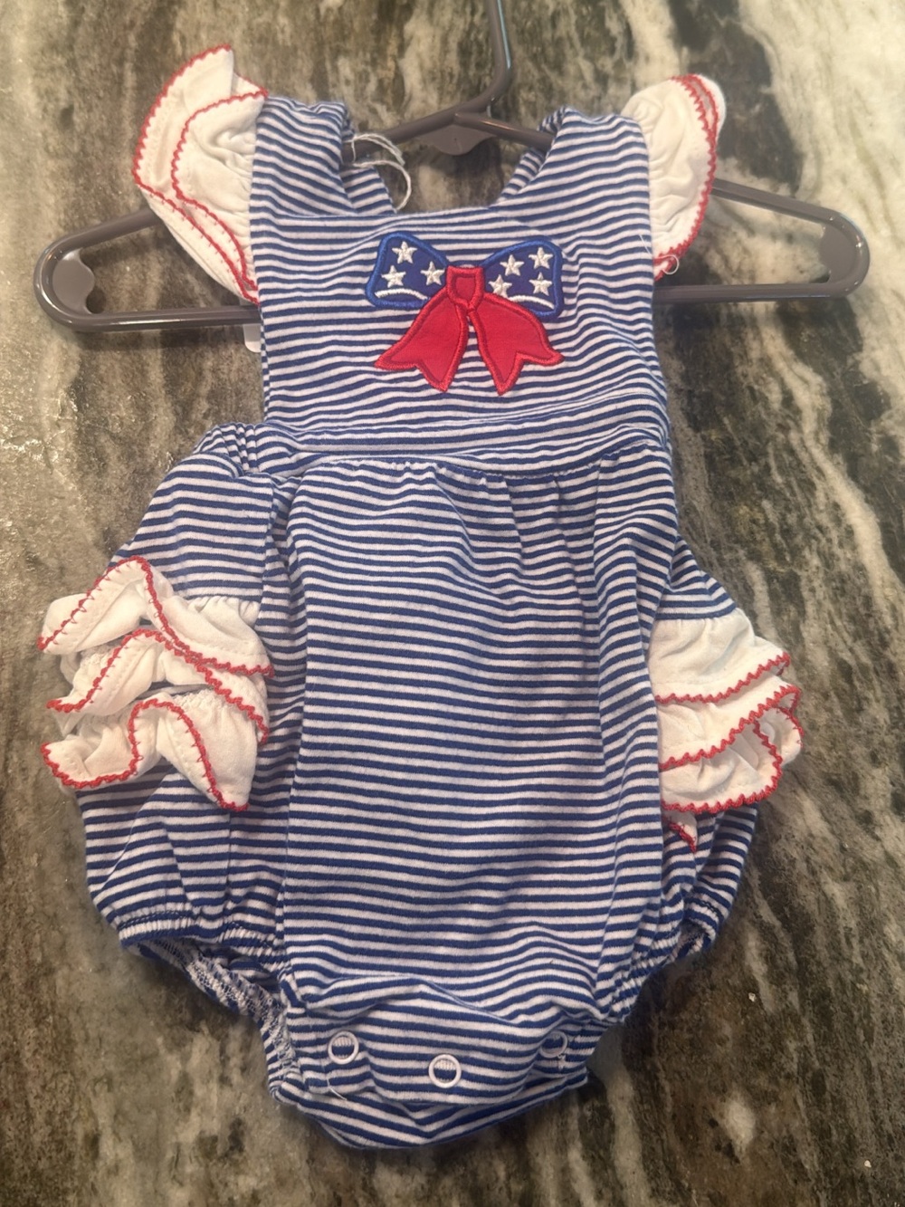 Navy & White Striped Baby Romper with Patriotic Bow